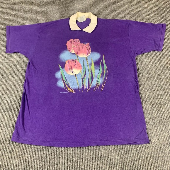 Vintage Lee Shirt Womens XL Purple Tulip Flower Graphic Polo 100% Cotton USA 90s - Picture 1 of 11